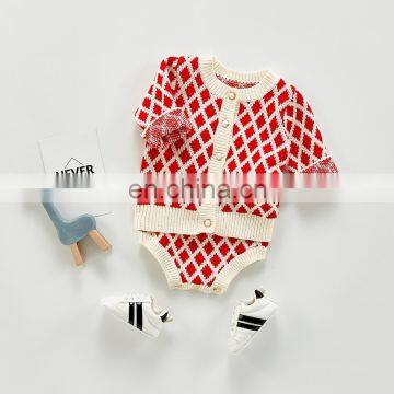 Ins Autumn Baby Suit Female Baby Western-style Plaid Knitted Jacket Strap Romper Romper Two-piece Suit Single Shot