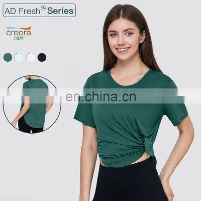 Sports Mesh Back Long Women's T-Shirts Custom U Shaped Hem Yoga Causal Breathable Tops