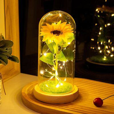 Artificial Enchanted Golden Sunflower Led Lamp In Glass Dome Wooden Base Decor With Light Valentine's Day Gifts Holiday Lighting