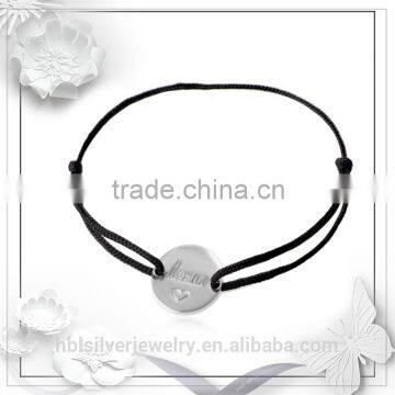 925 silver adjustable black rope flat charm bracelet , mother gift cheap custom rope bracelet