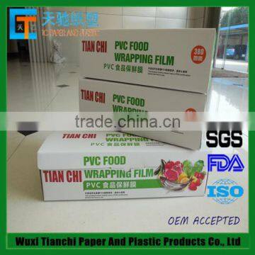 separate box food grade pvc china stretch film for packaging fruits and vegetables with zip cutter inside