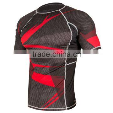 Custom Logo And Design Print Digital Sublimation BJJ MMA Rash Guards Supplier, Black/Red/ short Sleeves Rash Guard 14