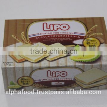 Sweet Crunchy Texture LIPO Durian Egg Cookies in bulk with 100g box packing