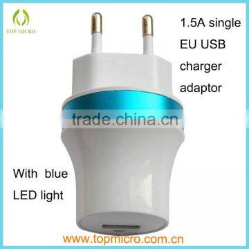 Wholesales 1.5A EU Socket Single Port Slim USB Adapter With Blue LED light Wall Charger