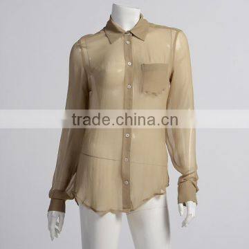 Womens Spring Slim Long Sleeve Front Pockets Chiffon Sheer Blouse L1335