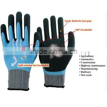 NMSAFETY anti water seamless breathable fiber knitted liner palm double sandy foam dipped latex work glove