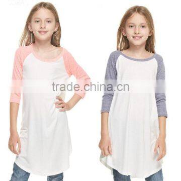 Custom OEM Clothing Kids New Fashion Model Summer Spring 3/4 Sleeve Raglan Ruffle Casual Dress Long T shirt Wholesale