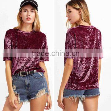 tshirt custom t shirt Burgundy Short Sleeve Crushed Velvet Fabric T-shirt