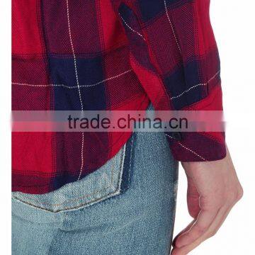 Wholesale Women Collar Long Sleeves Buttoned Cuffs Checked Pattern Curved Hem Shirt(DQE0177T) photo-4