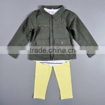 Wholesale Children Clothing Army Green Jacket Stripe Tee Shirt and Yellow Pants 3 Pieces Sets photo-2