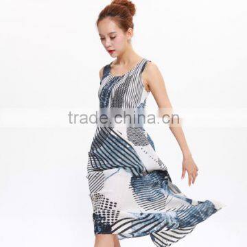 Wash painting goffer sleeveless women summer maxi dress