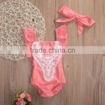 Wholesale Newborn Baby Smocked Cotton Clothes Infant Girls Plain Purple Bodysuit Baby Girls Lace Ruffle Romper photo-4