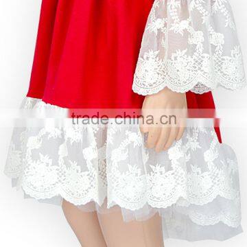 2017 Spring Boutique Clothing Plain Red Cotton Lace Trumpet Sleeves Design Baby Girl Dress photo-5