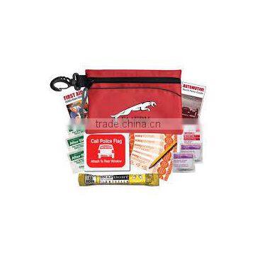 Economy Auto Kit - has light stick, call police banner, bandages, alcohol wipes, antiseptic swabs and comes with your logo