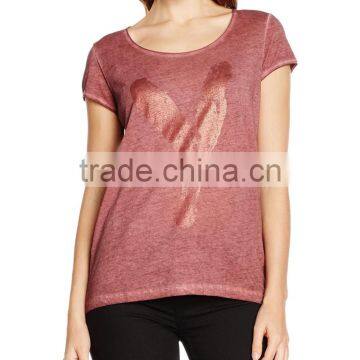 Ladie's Back Curved Hem Short Sleeve Front Print and Oil Wash T-shirt photo-5