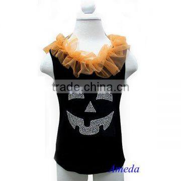 Halloween Pumpkin Face Rhinestone Orange Chiffon Ruffles Black Tank Top 3M-10Y