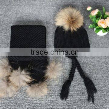 Popolar raccoon fur ball design knitted beanie hat & scarf set