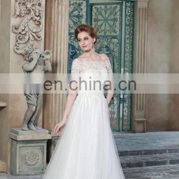 ED Off Shoulder Short Sleeve Lace Appliques Ivory Tulle A Line Women Wedding Dress