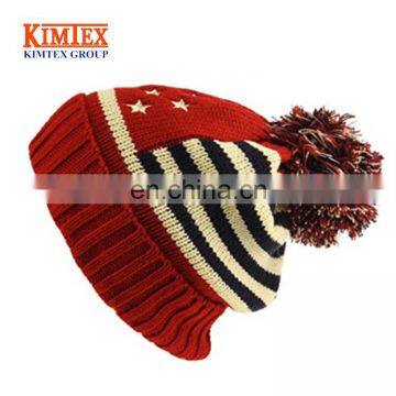 Winter Vintage Stars Stripe Knit Beanie Skull Ski Pom Pom Hat Cap