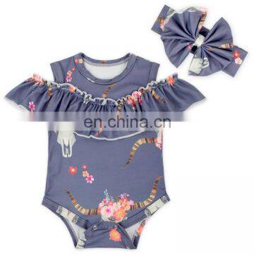 Girl Grey Skull Cold Shoulder Bodysuit With Messy Bow Headband Wholesale Clothes