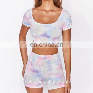 Whole Sales 2021 New Tie Dye Fitness Sports Wear Apparel Seamless Yoga Shorts and Short Sleeve Crop Top Sports Bra Set for Women photo-2