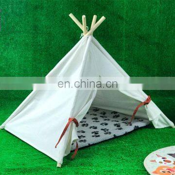 Pet Teepee Tent for Dogs Cats Portable Foldable Cotton Canvas Pets House Bed for Rabbit Puppy 4 Poles Pine Wooden With Floor Whi photo-6