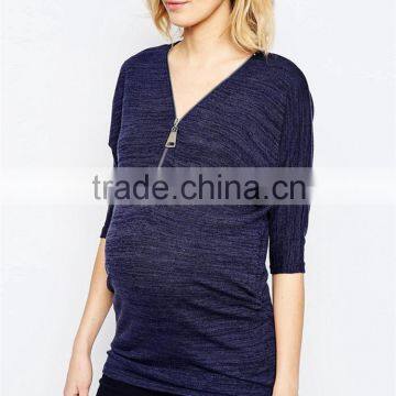 New Unique Style Purple Half Sleeve Zipper Front Breastfeeding Nursing Stretch Jersey Maternity Tops photo-3