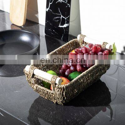 HBK boat shape Direct selling seagrass woven tray Hand-Woven Wicker Storage Baskets with Wooden Handles