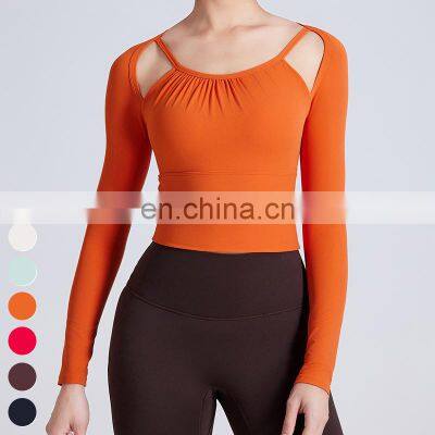 Quick Dry Hollow Out Slim Running Clothing Fixed Cup Sports Bra Tops Gym Fitness Long Sleeve Crop Top Yoga Tshirt For Women photo-3