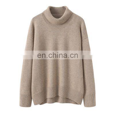 Oversized 100% Pure Cashmere Pullover for Women Turtleneck Slip Shoulder Design Casual Winter Sweater with Solid Pattern