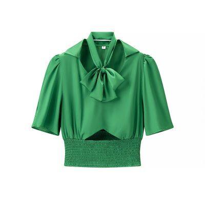 Cal??es femininos com cintura elástica e pregas 2025 Blusa de cetim de moda francesa para mulheres Tunica de cor sólida com colarinho em V