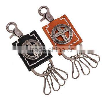 Hot Metal Round Cross Logo Cow Leather Keychain Men's Fashion Handmade Decoration Calf Skin Leather Keyring FHMK0007