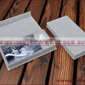 Magnet Linen USB Flash Drive Box with 4x6 Photo Stroage Box and Hinged Lid