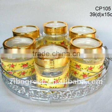 6pcs oval glass jar with printing with golden turning rack(CP105)