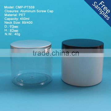 Round 450ml plastic PET jar with metal cap, 450g 15oz Clear PET plastic jar with aluminum cap