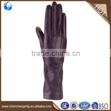 Fashion ladies long sheep leather gloves with bowknot on back