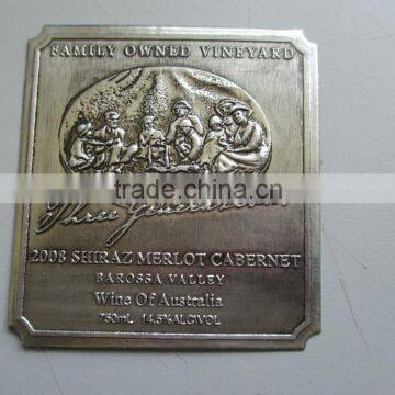 custom antique silver embossed bottle sticker, metal sticker, metallic wine label