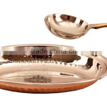 IndianArtVilla Steel Copper Platter With Attached Bowl 450 ML - Serving Dishes Indian Food Home Hotel Restaurant Tableware Serve