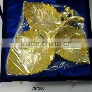 Brass Dry Fruit Candy & Nut Bowl Leaf Gold Plated in Velvet Box