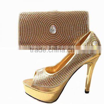 Hot sellingl shoes matching bag for evening party /ball ,Italian pencil heels shoes and bag set in gold and silver