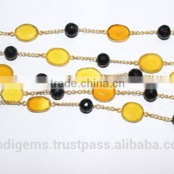 Yellow Chalcedony with Black Onyx Beads Bezel Chain