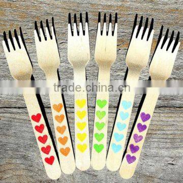 Small Wooden Forks - BOYS Rainbow Hearts - Eco-friendly Wooden Dessert Forks, Appetizer Forks - Eco-friendly Wooden Utensils