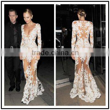 Transparent Lace Floor Length Custom Made Design Evening Party Wear Robe De Soiree ED304 long sleeve white evening dresses