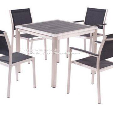 Table And Chair Arm No Arm Teak Wood Arm Rest PE Rattan Wicker Powder Coating Aluminum Frame Textlene Fabric