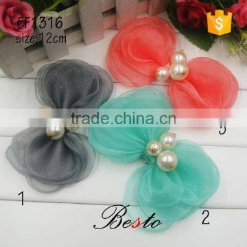 5.5" Unique fashino pretty organza 3pearl hair bow for girls