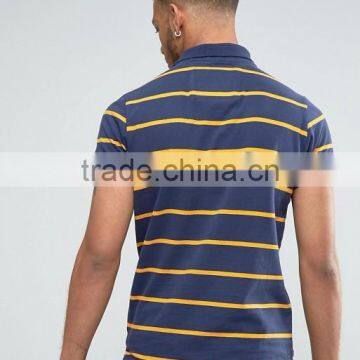 High Quality Custom Fashion Short Sleeve Button Placket Navy Stripe Design Men's 100% Cotton Jersey Slim Fit Casual Polo T-Shirt photo-2
