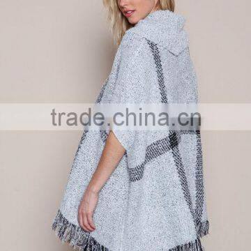 MGOO New Fashion Plaid Pullover Tops Grey Knit Mohair Fringe Poncho Women Winter Popular Clothes