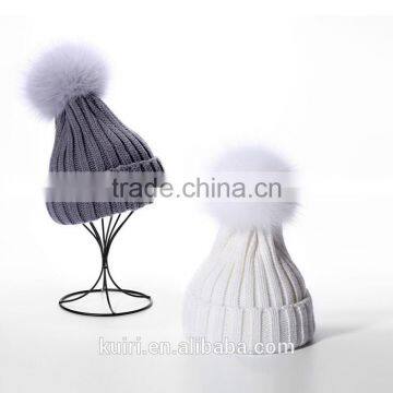 2016 Winter Beanie Real Silver Fox Fur Ball Knitting Hat For Women Black Real Raccoon Fur Ball Skullies photo-6