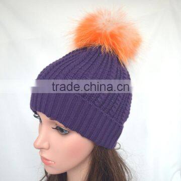 Myfur Popular New Cable Woolen Knitted Hat with Raccoon Pom Pom Top