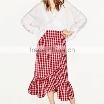 2017 NewestFront Button Fastening Red Plaid Skirt With Frill Detail photo-4